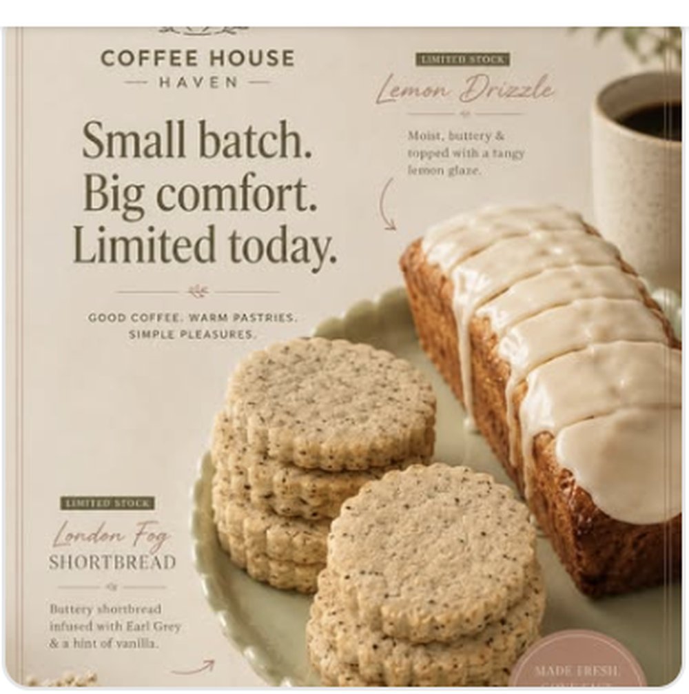 Coffee House Haven bakery case featuring Lemon Drizzle bread and London Fog shortbread cookies